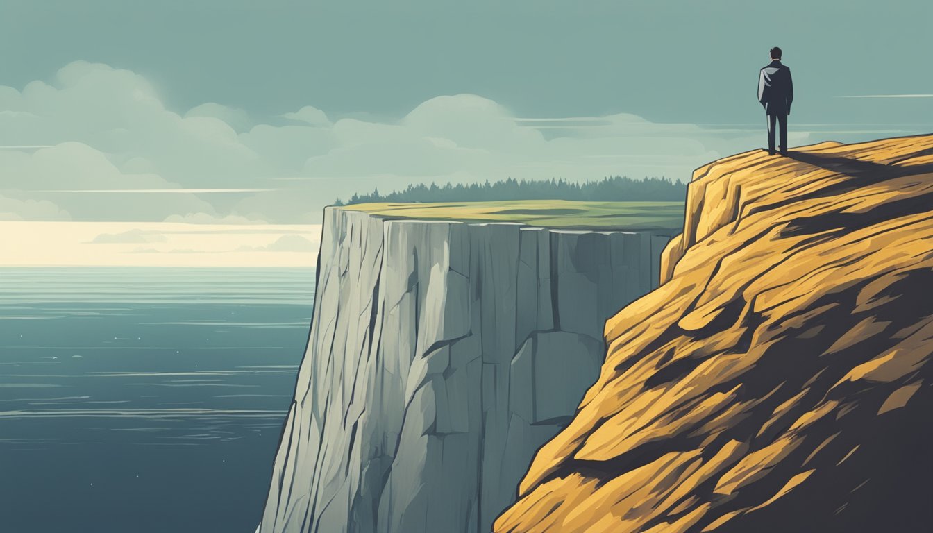 A person standing at the edge of a cliff, looking out at a vast and
unknown landscape, representing the concept of risk and
reward