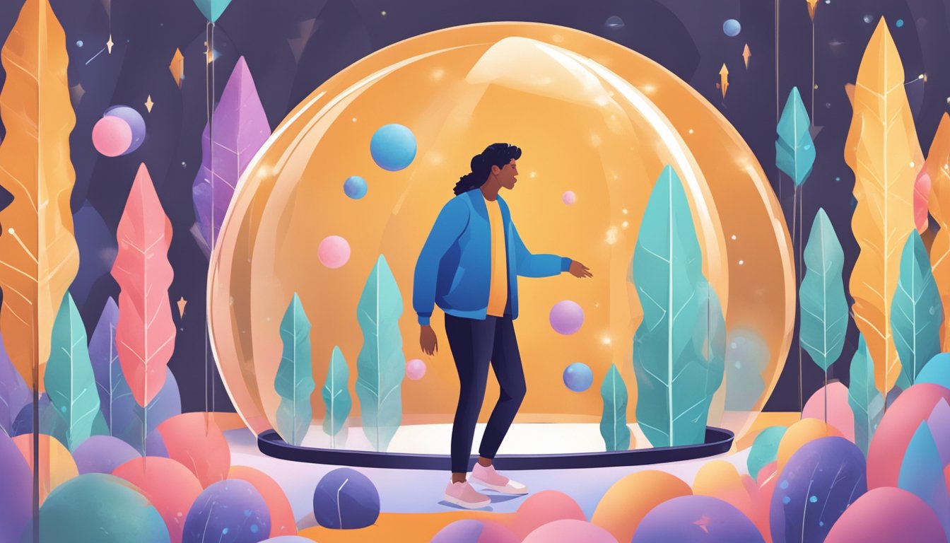 A person stepping out of a cozy bubble, surrounded by arrows pointing
towards new experiences and
growth