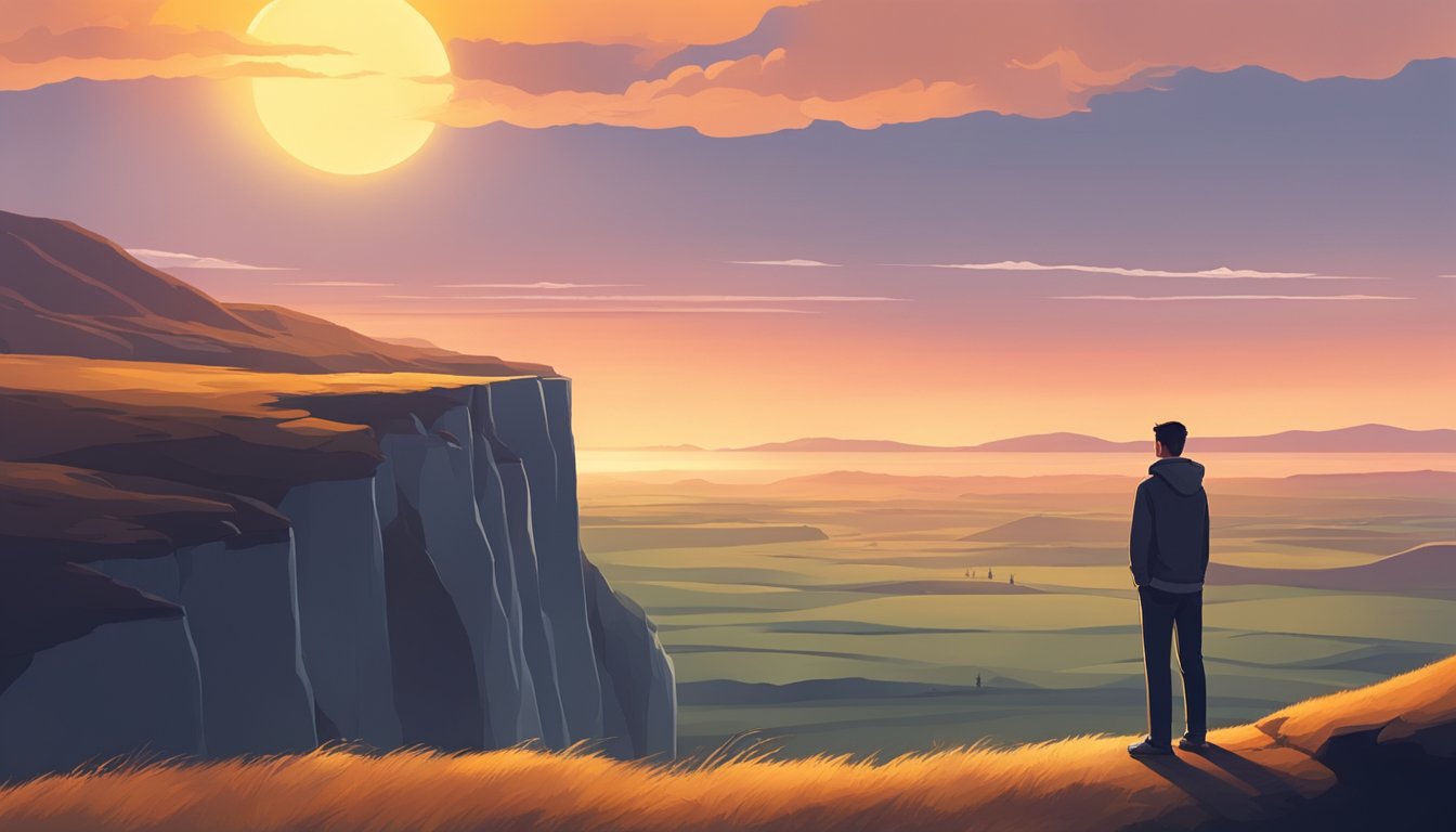 A person standing at the edge of a cliff, looking out at a vast and
unfamiliar landscape. The sun is setting, casting a warm glow over the
scene