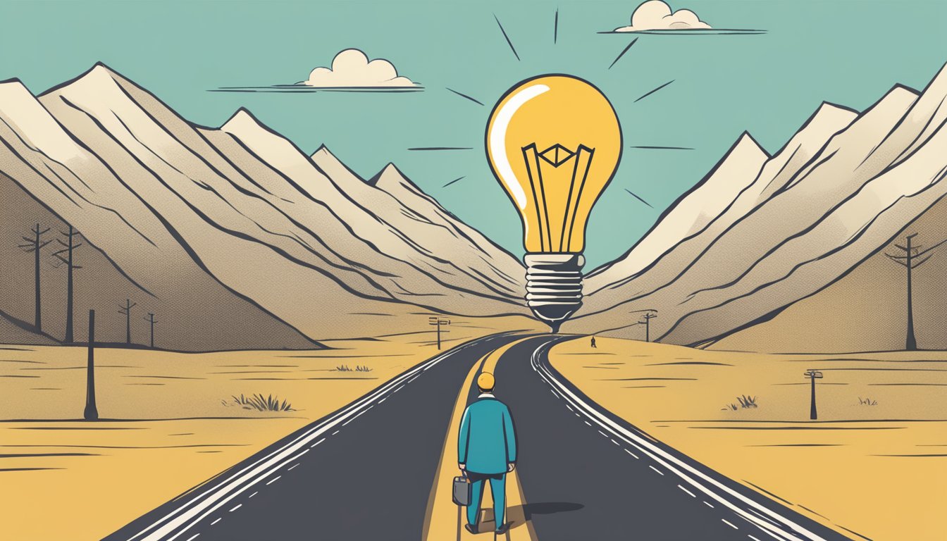 A person facing a fork in the road, weighing options, with a lightbulb
overhead symbolizing quick decision-making
mindset