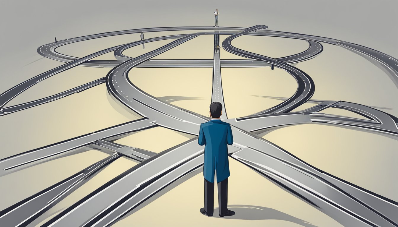 A figure standing at a crossroads, pondering options. The path splits
into multiple directions, symbolizing the need for quick decision-making
and
adaptability