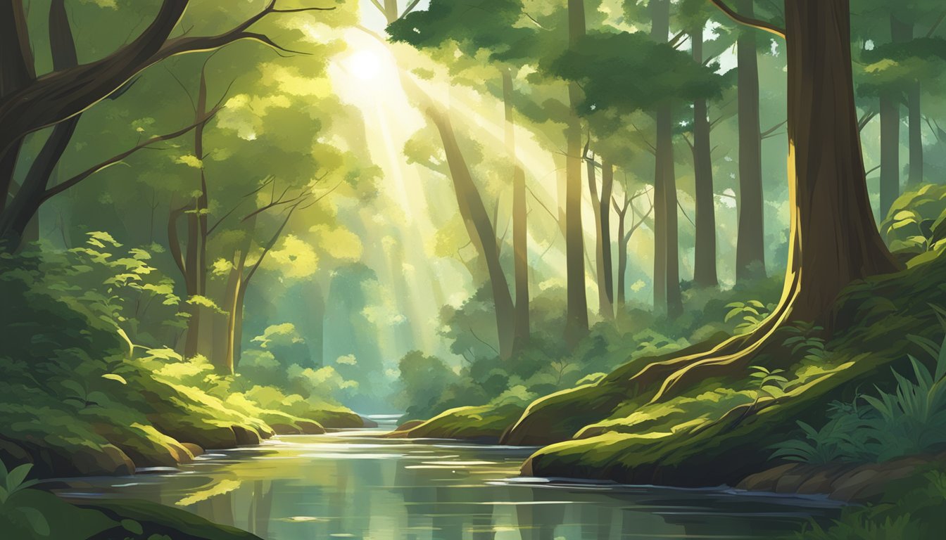 A dense forest with towering trees, thick underbrush, and a winding
river. The sun filters through the canopy, casting dappled light on the
forest
floor