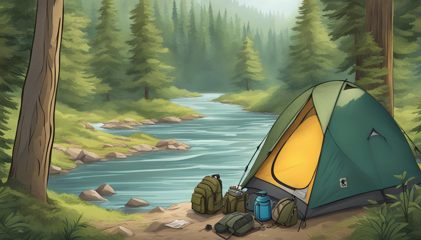 A backpack lies open, filled with a map, compass, and survival gear. A
tent is being pitched in a clearing surrounded by towering trees and a
flowing
river