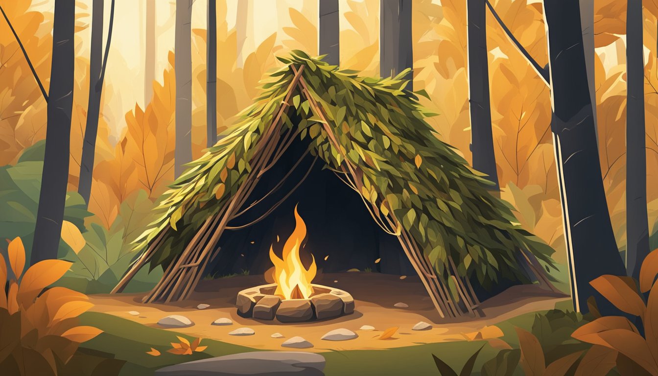 A sturdy shelter made of branches and leaves, nestled in a dense
forest. A small fire pit outside provides warmth and
protection