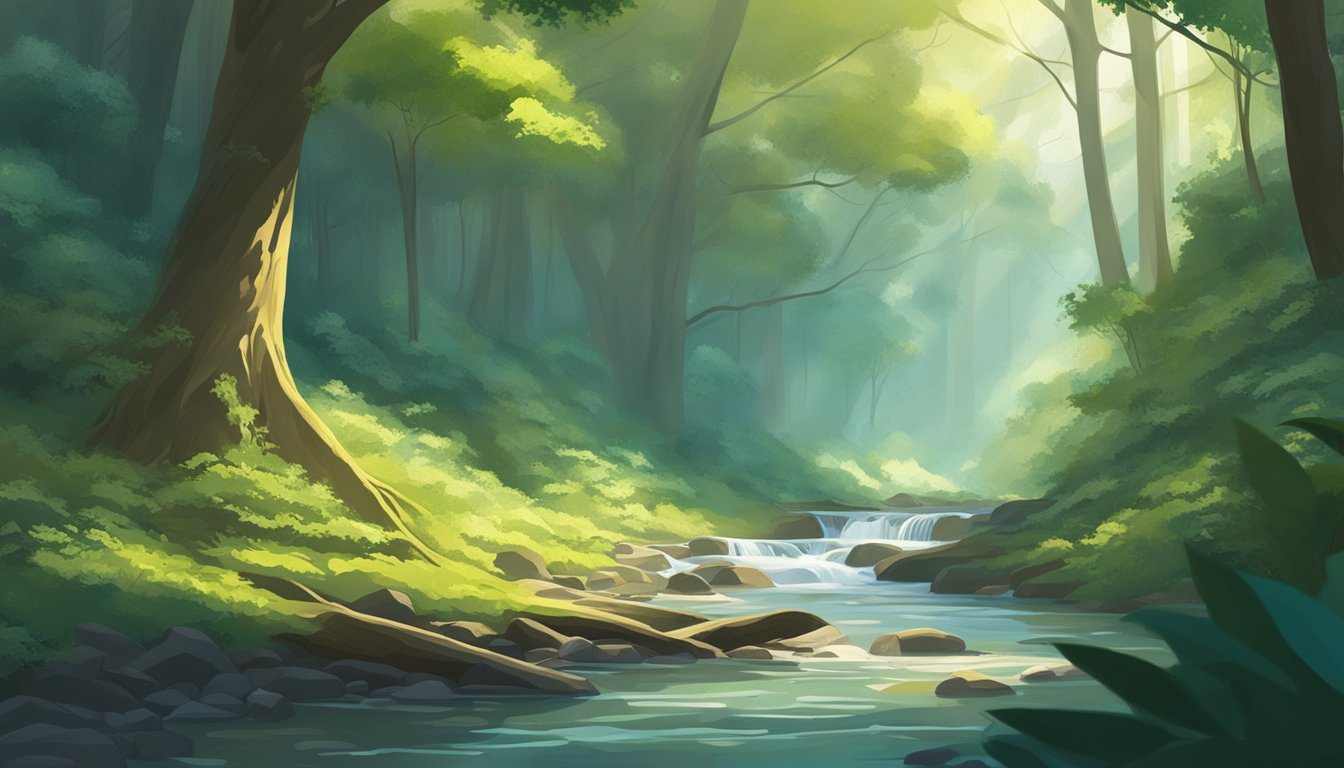 A clear stream flows through a lush forest, sunlight filtering through
the canopy. A figure constructs a simple filtration system
nearby