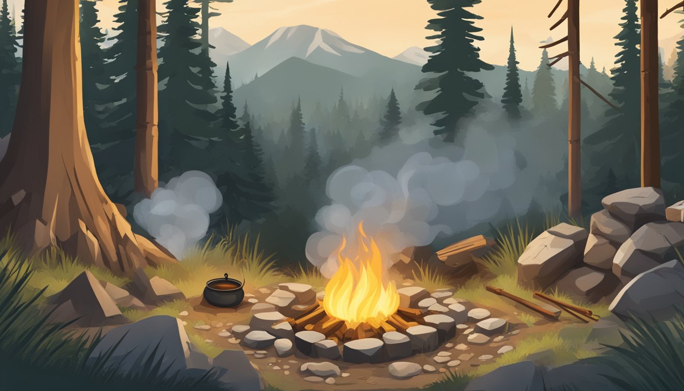 A small fire crackles in the center of a clearing, surrounded by rocks
and logs. A pot hangs over the flames, steam rising from the boiling
water. Surrounding the fire are various tools and materials for
wilderness
survival