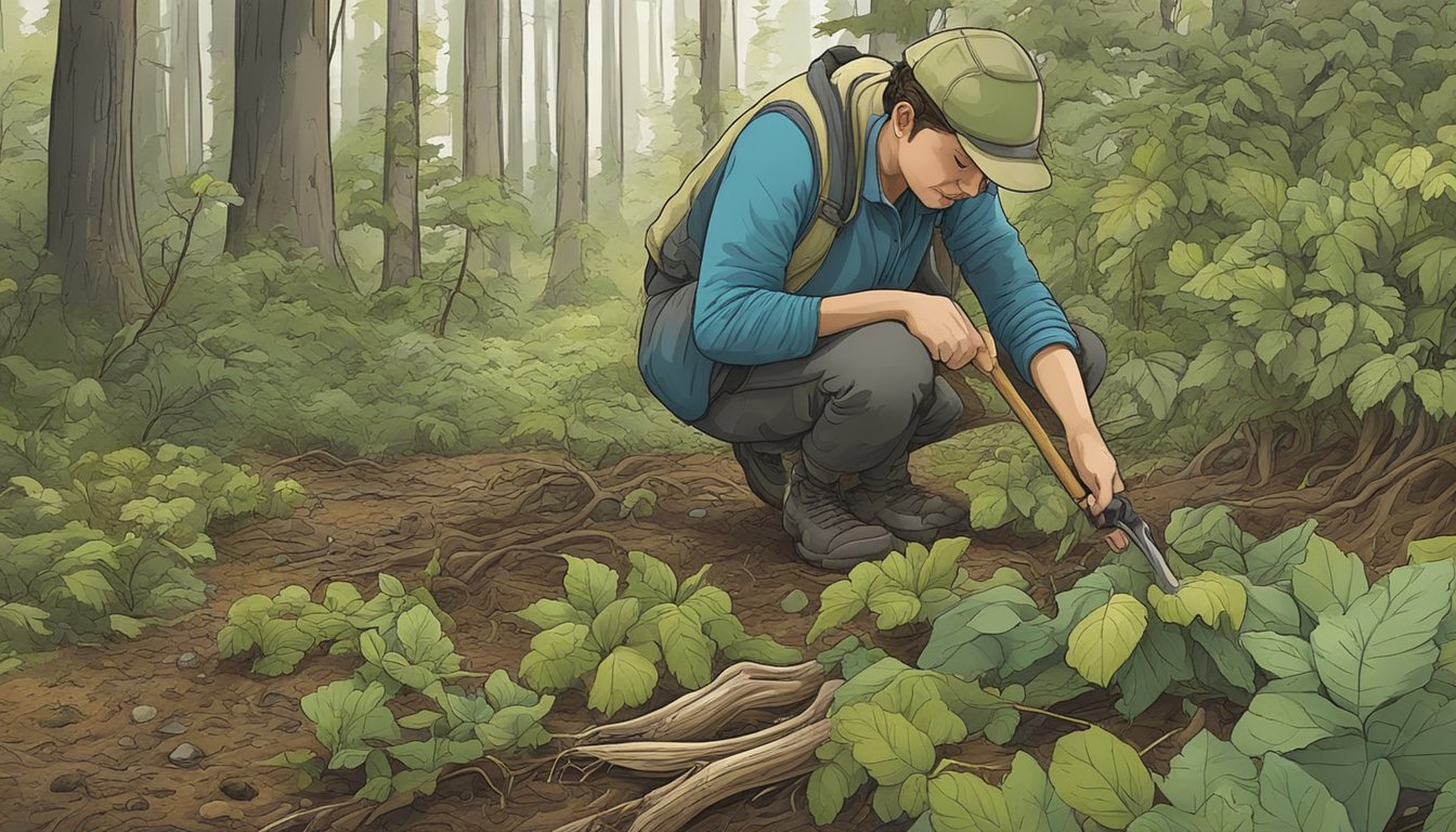 A figure skillfully gathers edible plants and roots from the forest
floor, while also using a tool to capture small game for
sustenance