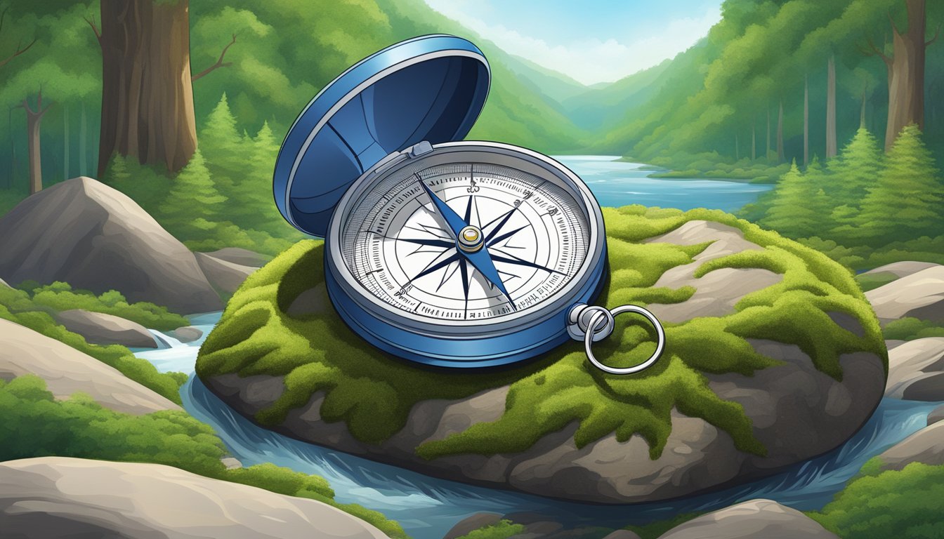 A compass resting on a moss-covered rock, surrounded by towering trees
and a winding river, under a clear blue
sky