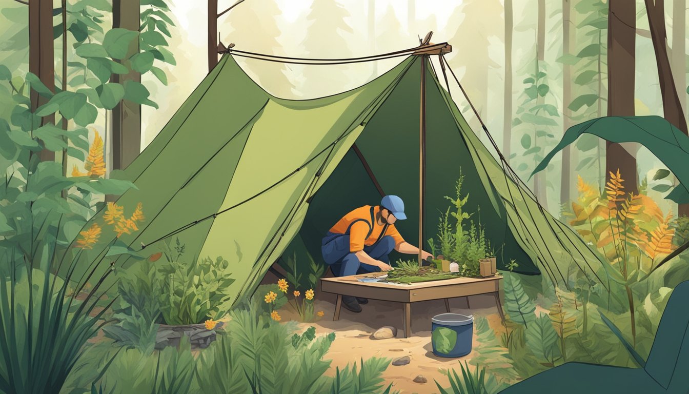 A person constructs a shelter in the wilderness, surrounded by plants
and wildlife. They gather herbs and create a first aid
kit