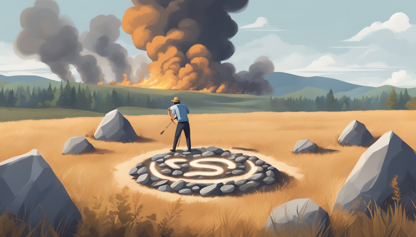 A person constructs a large SOS sign using rocks and branches in an
open field, while a smoke signal rises from a nearby
fire