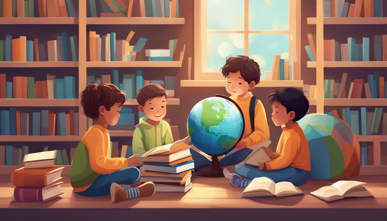 Children surrounded by books, reading in a cozy corner, with a globe
and a stack of books nearby. World Book Day poster on the
wall