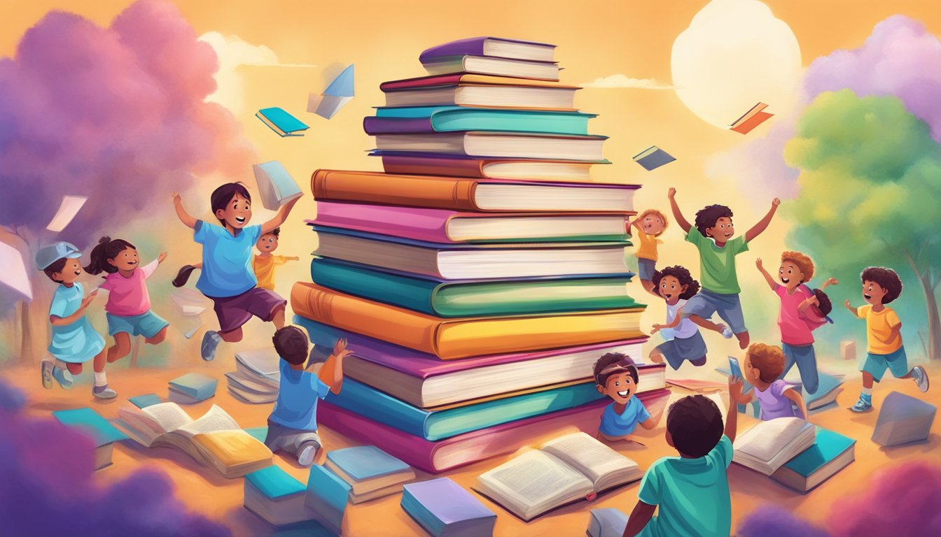 A stack of colorful books surrounded by children, with a sense of
wonder and excitement in the
air