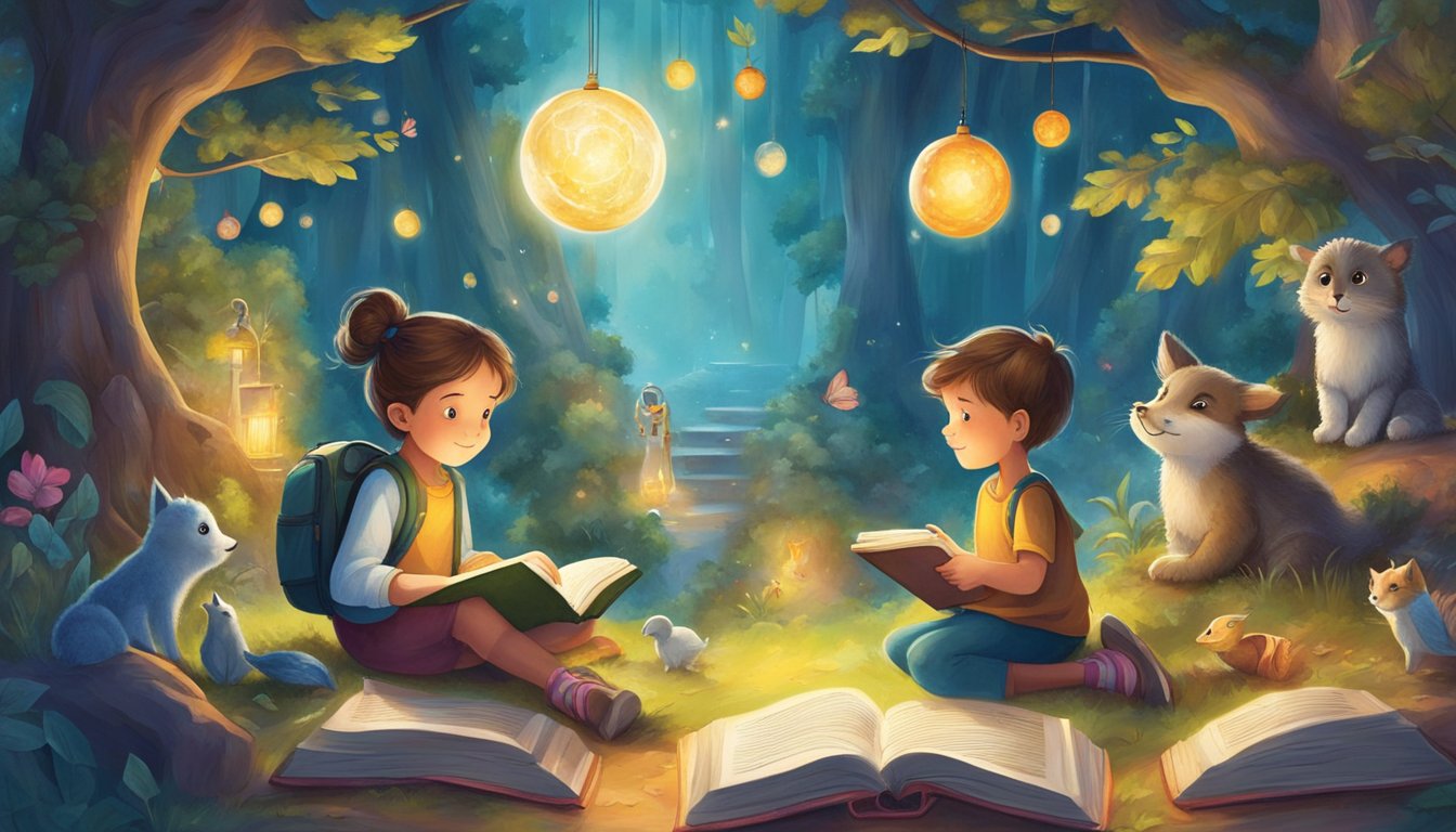 Children explore a magical world of books, surrounded by vibrant
characters and themes. A sense of wonder and curiosity fills the air as
they discover new adventures and knowledge through the power of
storytelling