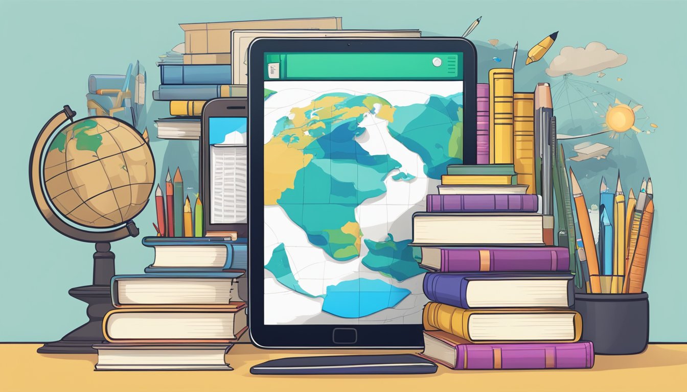 A stack of books surrounded by art supplies, a tablet showing digital
reading apps, and a globe representing global
literature